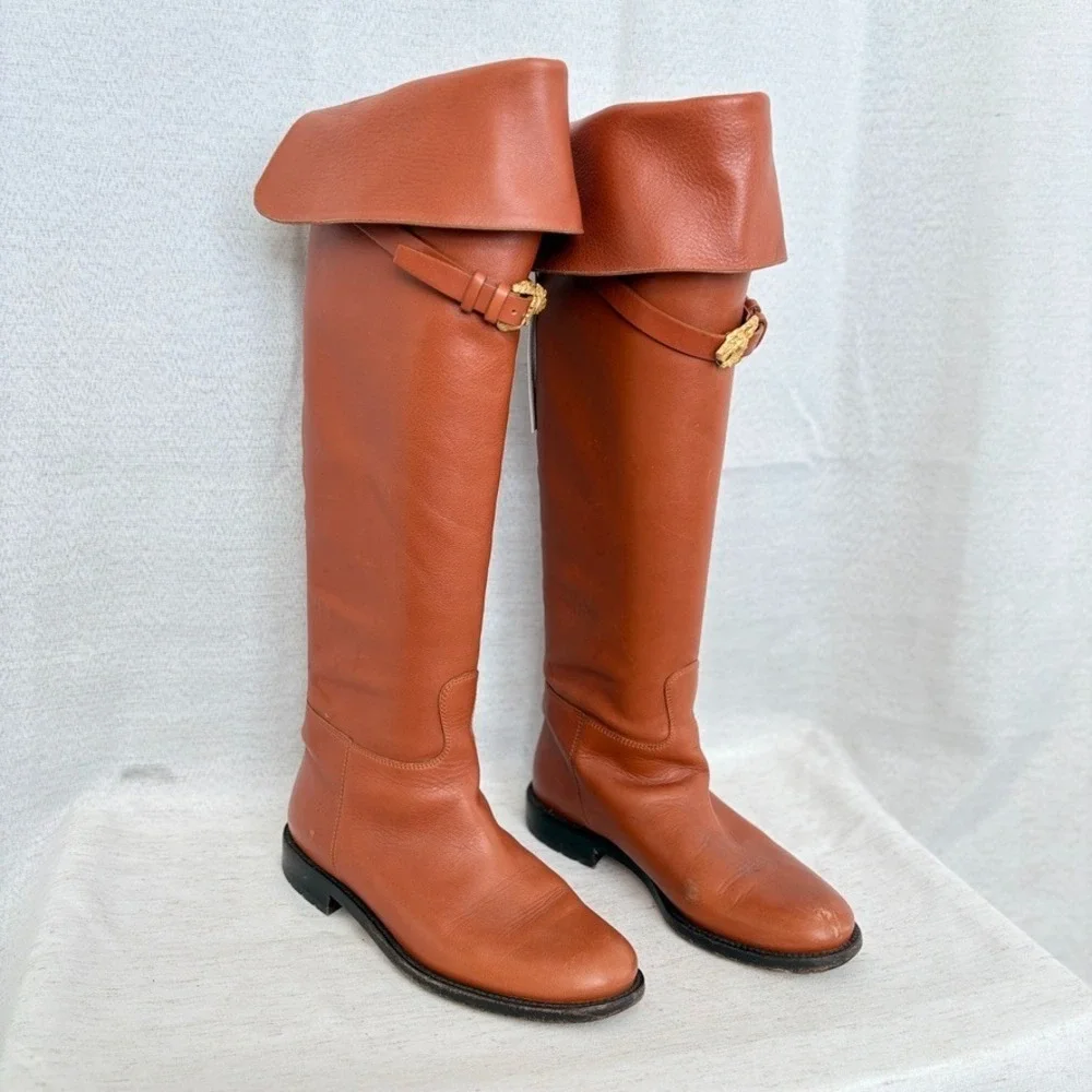Valentino Garavani Brown‎ Calfskin over the knee boot lion buckle, EU 37(US7)